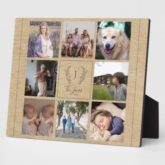 Plaque Photo Family 8 photo collage monogram name rustic (Côté)