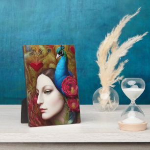 Plaque Photo Femme, Peacock, Fleurs rouges et coeur