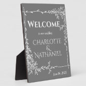 Plaque Photo Feuilles blancs modernes sur Mariage gris Bienvenu (Côté)