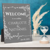 Plaque Photo Feuilles blancs modernes sur Mariage gris Bienvenu (Côté)