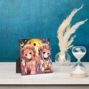 Plaque Photo Fille Anime Hippie Lune Filles Faisant Signe de Pa