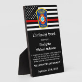 Plaque Photo Firefighter Life Saving Award Thin Red Line (Côté)