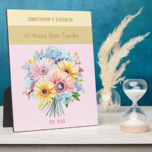 Plaque Photo Fleurs de 50e anniversaire dorées noms rose