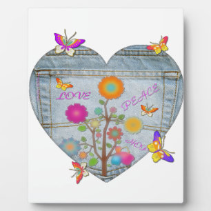 Plaque Photo Fleurs de papillons en cœur de poche en denim