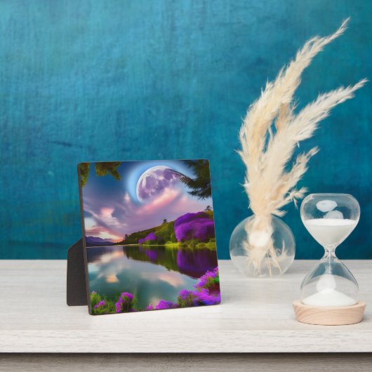 Plaque Photo Fleurs violettes Lune et reflet du lac (Insitu)