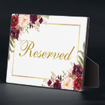 Plaque Photo Floral Bourgogne Mariage Réservé 5x7 Tableau<br><div class="desc">Aquarelle Floral Bourgogne Marsala Mariage d'or Réservé 5x7 Plaque de table</div>