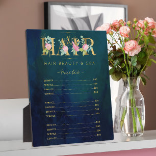 Plaque Photo Floral gold and navy hair salon services list