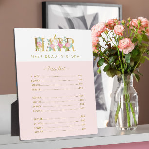 Plaque Photo Floral gold and pink hair salon services list