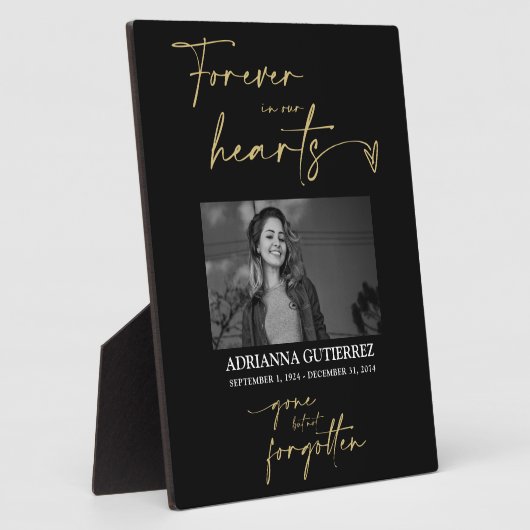 Plaque Photo Forever in Our Hearts Black Gold Photo Memorial (Côté)