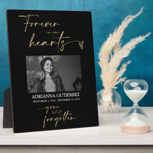 Plaque Photo Forever in Our Hearts Black Gold Photo Memorial (Côté)