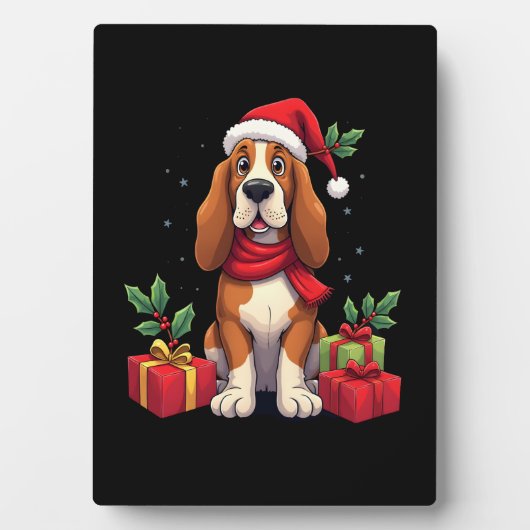 Plaque Photo Funny Basset Hound Dog Christmas Outfits Santa Hat (Devant)