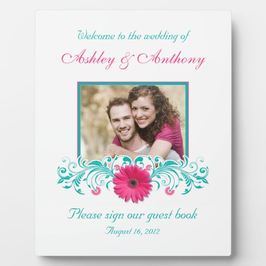 Plaque Photo Gerbera Rose Daisy Turquoise Floral Mariage Photo (Devant)