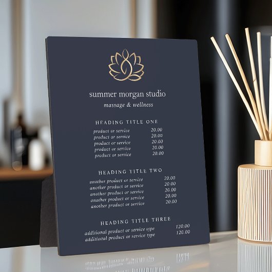 Plaque Photo Gold Lotus Wellness Spa Pricing/Services Affichage