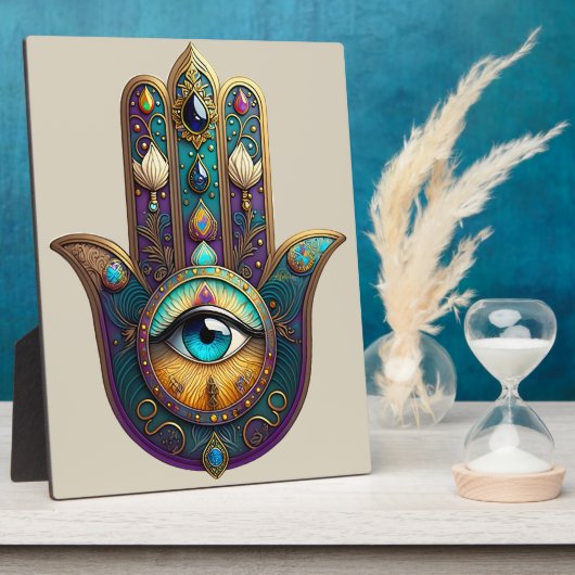 Plaque Photo Gold Violet Teal Hamsa w/ Turquoise Third Eye (Côté)
