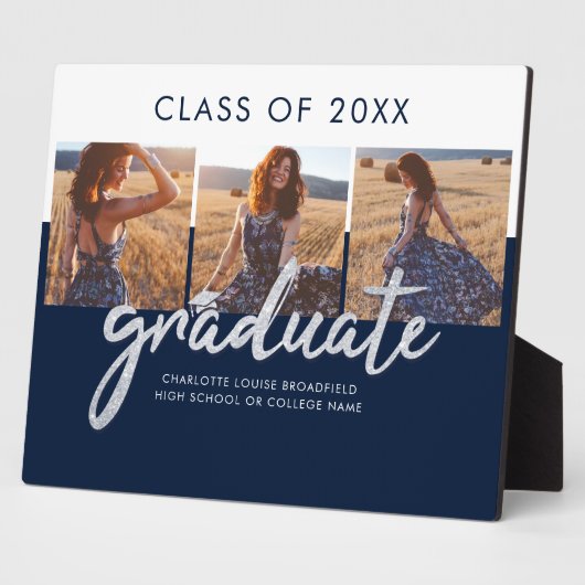 Plaque Photo Graduation 2025 Photo Collage Silver Grad Navy (Côté)