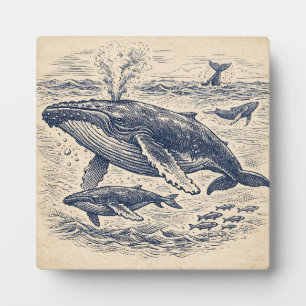 Plaque Photo Gravure vintage de groupe de baleines à bosse