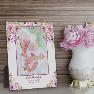 Plaque Photo Great Grandma Pink and Purple Floral Overlay Photo