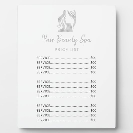 Plaque Photo Hair salon silver glitter white elegant price list (Devant)