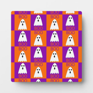 Plaque Photo Halloween Boo Ghost Purple et Carrés orange