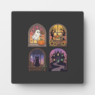 Plaque Photo Halloween Gothique Fenêtre Fantôme Citrouille Chat