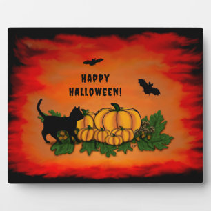 Plaque Photo Halloween heureux, Chat noir, Chat et Citrouille