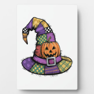 Plaque Photo Halloween Patchwork Witch Hat Spooky