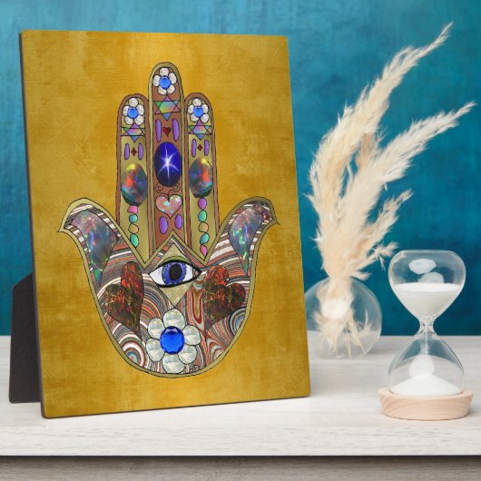 Plaque Photo Hamsa Hearts Flowers Opal Art on Gold (Côté)