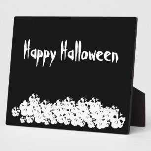 Plaque Photo Happy Halloween noir blanc crânes squelette pile