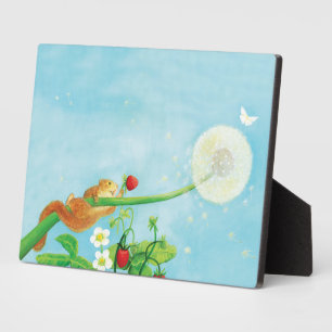 Plaque Photo Hazel Dormouse, wild strawberries & dandelion puff