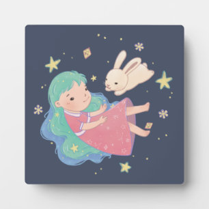 Plaque Photo Illustration Starry Night Bunny & Girl