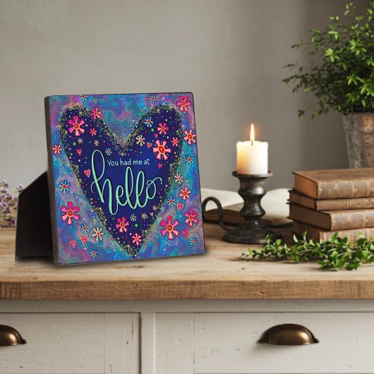 Plaque Photo Joli bleu Hello Love Citation Floral Inspirational