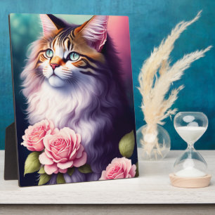 Plaque Photo Joli Maine Coon & Fleurs sur Table
