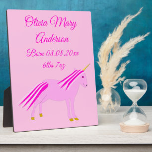 Plaque Photo Jolie fille rose bébé Unicorn Faire-part de naissa