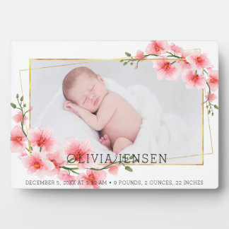 Plaque Photo Jolie Fleur Rose Or Aquarelle Photo de Bébé Fille