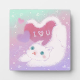 Plaque Photo Joyeuse Saint-Valentin avec un chat blanc duveteux