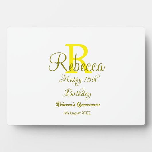 Plaque Photo Joyeux 15e anniversaire jaune ajouter nom monogram (Devant)