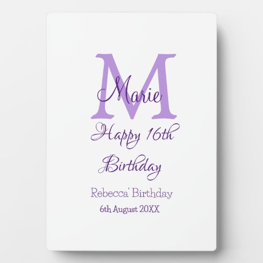 Plaque Photo Joyeux 16e anniversaire violet ajouter nom monogra (Devant)