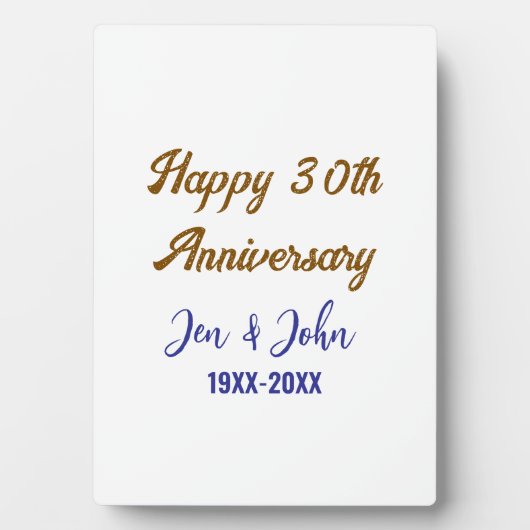 Plaque Photo Joyeux 30e anniversaire de mariage royal bleu or s (Devant)
