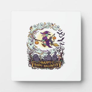 Plaque Photo Joyeux Halloween Balai de Sorcière Chat Noir Fantô