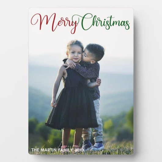 Plaque Photo Joyeux Noël Élégant Rouge Vert Script Photo (Devant)