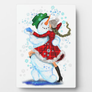 Plaque Photo Joyeux Snowman et Fille Dance Tango fête de Noël
