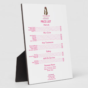 Plaque Photo Liste de prix de coiffeur personnalisée