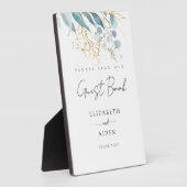 Plaque Photo Livre d'or de mariage blanc (imiter) bleu or (Côté)