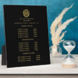Plaque Photo Logo feuille or noir | Prix de massage spa<br><div class="desc">Un design élégant affiche vos services, liste de prix ou informations commerciales sous un cercle de succursales et de feuilles en faux feuilles d'or et votre nom ou nom d'entreprise. Comprend trois en-têtes personnalisables et des champs de texte corps. Pour ajuster la disposition, entrez votre texte, puis utilisez la fonction...</div>