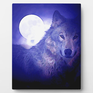 Plaque Photo Loup, Lune et Nuit Bleue