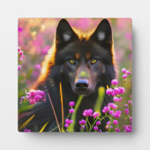 Plaque Photo Loup noir en fleurs roses (Devant)