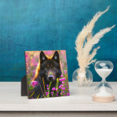 Plaque Photo Loup noir en fleurs roses (Insitu)