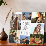 Plaque Photo Love Life With You 7 Photo Collage | Blanc<br><div class="desc">Collage photo moderne que vous pouvez personnaliser avec 7 de vos photos préférées. Le modèle est configuré pour vous permettre d'ajouter vos photos, en travaillant dans le sens des aiguilles d'une montre en haut à gauche. Le texte dit "aimer la vie avec vous" dans un script élégant et la typographie...</div>