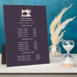 Plaque Photo Machine à coudre Or Seamstress Prix violet<br><div class="desc">La conception sous-jacente affiche vos services, votre liste de prix ou des informations commerciales sous une illustration d'une machine à coudre vintage en faux or sur un arrière - plan violet et votre nom ou nom d'entreprise. Comprend trois en-têtes personnalisables et des champs de texte corps. Pour ajuster la disposition,...</div>