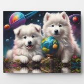 Plaque Photo Magnifique Fluffy Samoypies, Space Earth Globe (Devant)